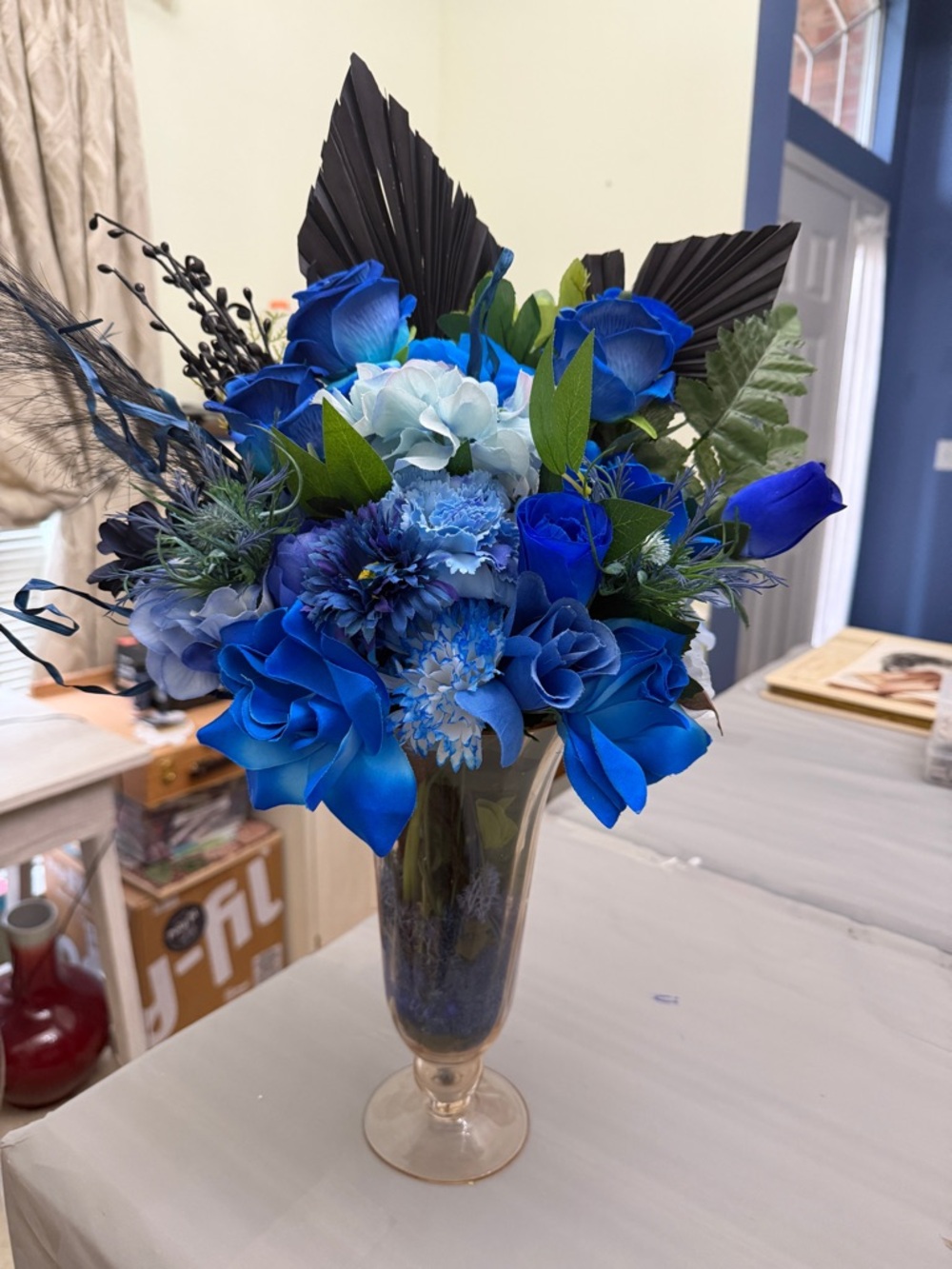Blue Faux Floral Arrangement in Glass Vase - Home Accents